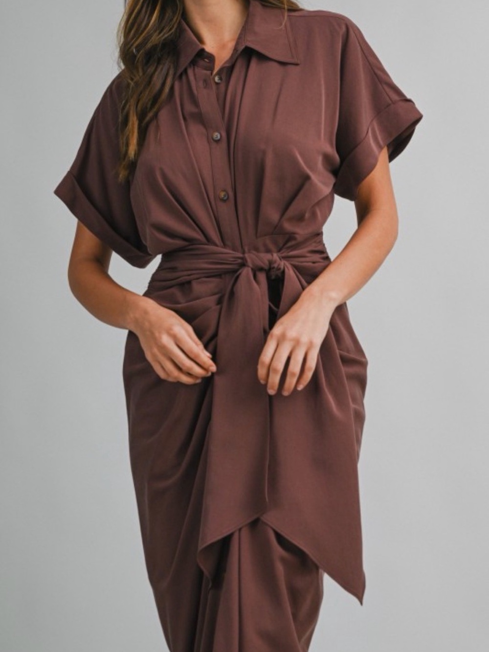 A706. Mable Tie-Waist Shirt Dress in Chocolate Brown - Picture 7 of 7